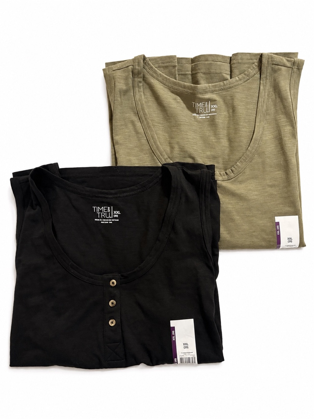 Time and Tru Two-Pack Scoop Neck Tank Tops — Black & Olive